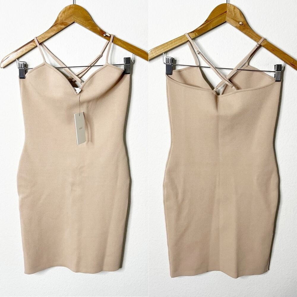 NWT A.L.C Beige Tan Ribbed Knit Bodycon Mini Dress Criss Cross Strappy Size M